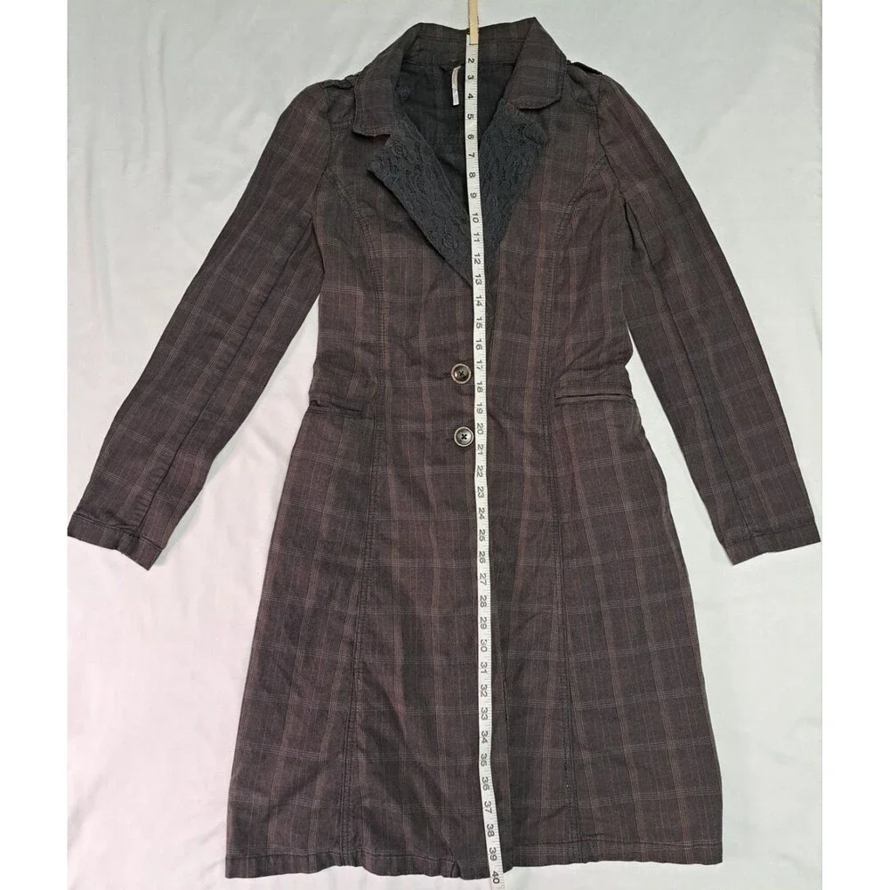 Free People‎ Plaid Gray Duster Trench Coat Women’s 4 Grunge Steampunk Victorian